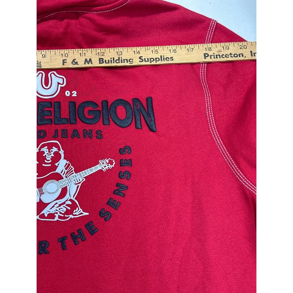 True Religion Mens Red Full Zip Buddha Logo Hoodie White Contrast Stitch XL